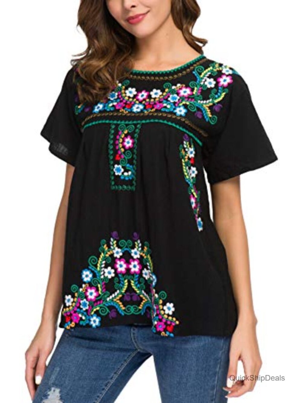 Mexican Embroidered Peasant Blouse Short Sleeve Summer Shirt